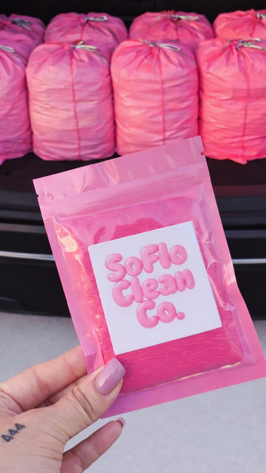 SoFlo Clean Co. pink laundry bags ready for delivery